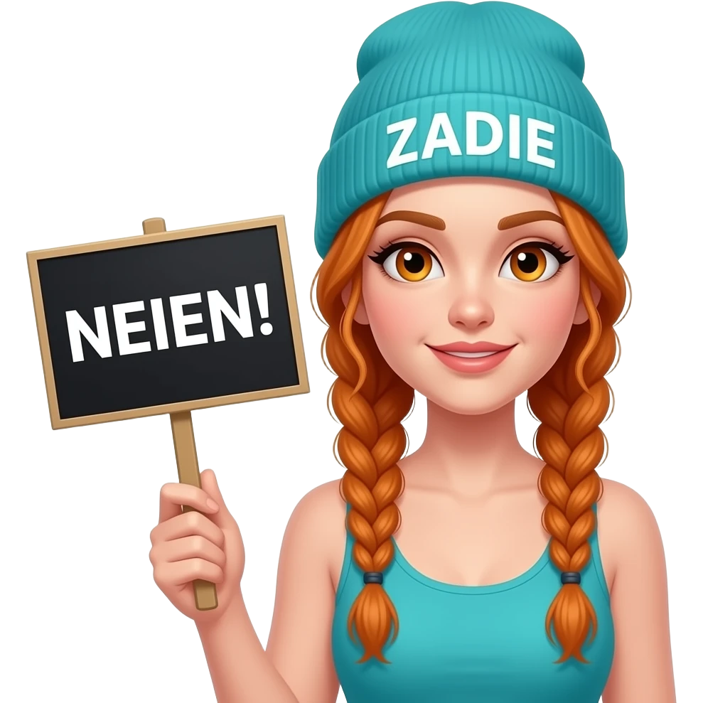 sexy girl with overlong ginger braids and ginger eyes wearing a turquoise tanktop and a turquoise beanie with ZADIE written on it, is holding a black sign with NEIEN! written on it emoji