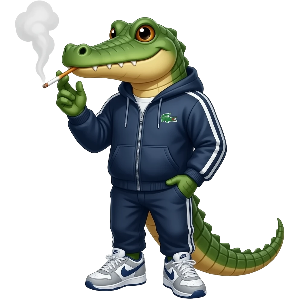 Un cocodrilo con forma humana vestido con un chandal Lacoste y zapatillas Nike TN fumando emoji