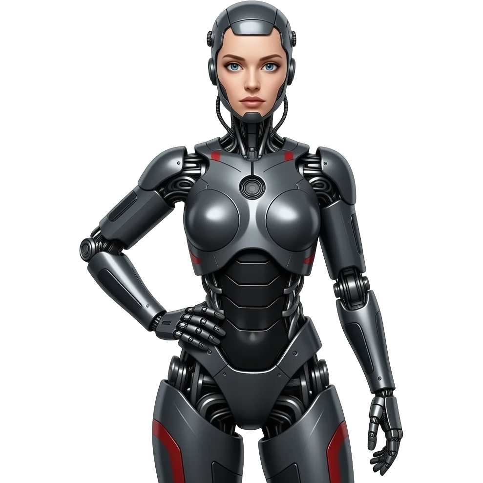 A mechanical woman made of dark gray steel with black and red markings,no human features, only robot features, entire body, sexy pose, robot face, full body pose emoji