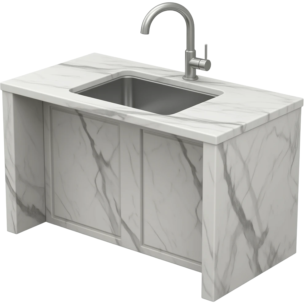 aesthetic modern trendy white marble kitchen island with silver deep sink, fancy luxury emoji