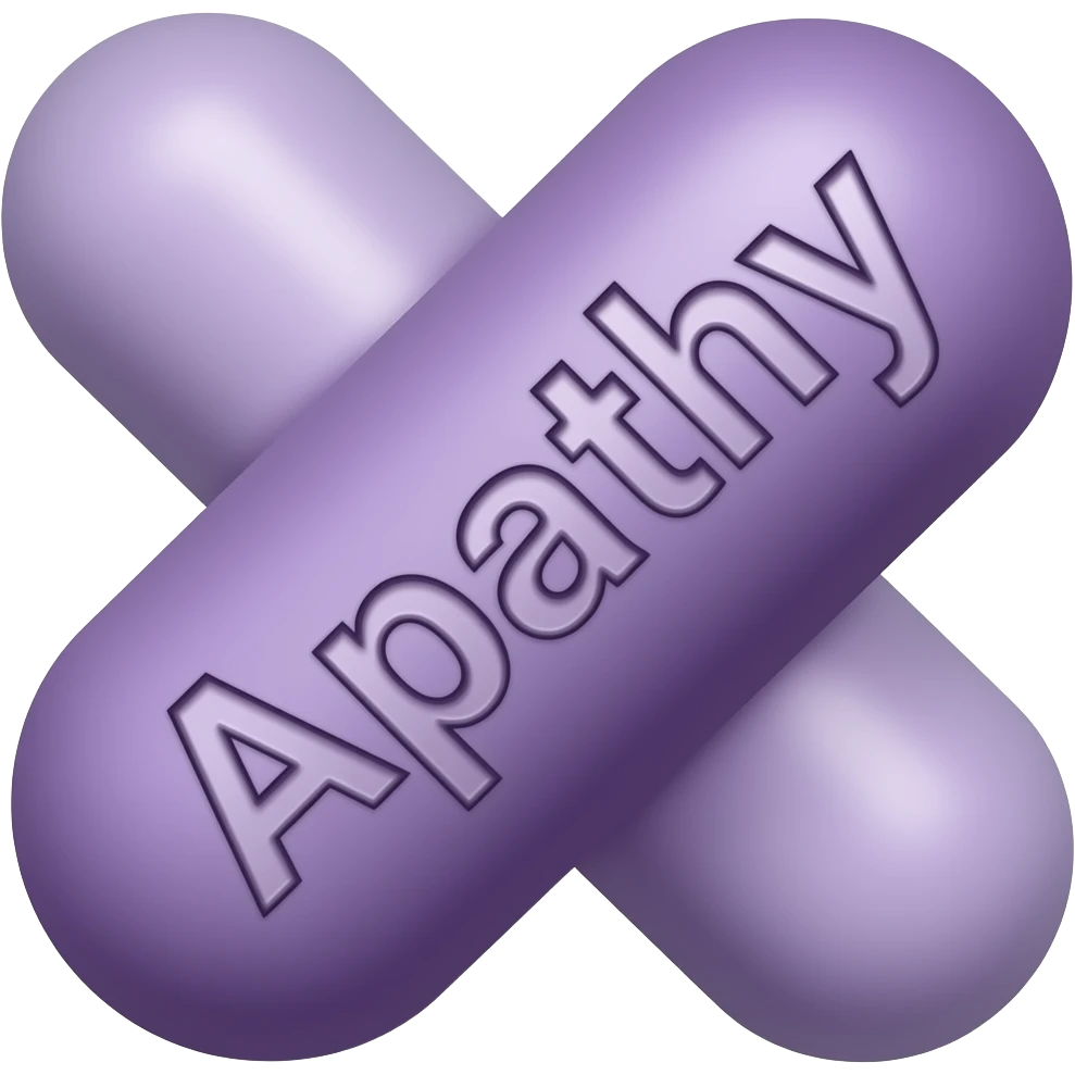 A dark purple solid oblong pill with "Apathy" engraved in it at a 45 degree angle emoji