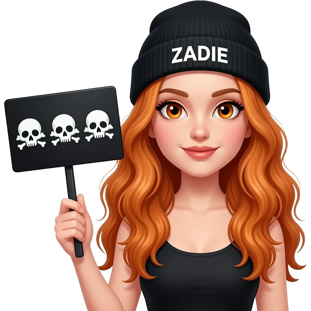 sexy girl with overlong wavy ginger hair and ginger eyes wearing a black tanktop and a black beanie with ZADIE written on it, is holding a black sign with ☠️☠️ ☠️   on it emoji