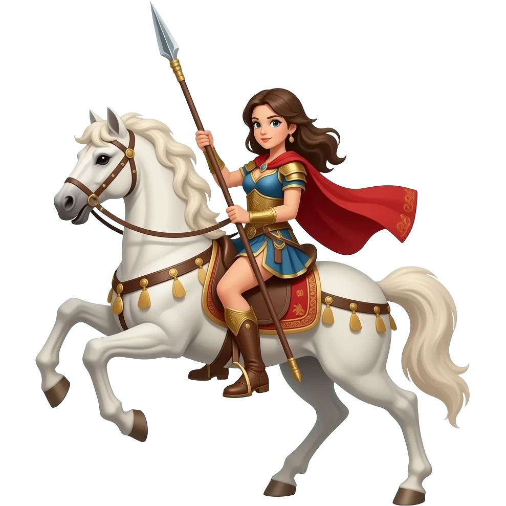 A woman riding a Pegasus thats flying, while the woman is holding a spear emoji