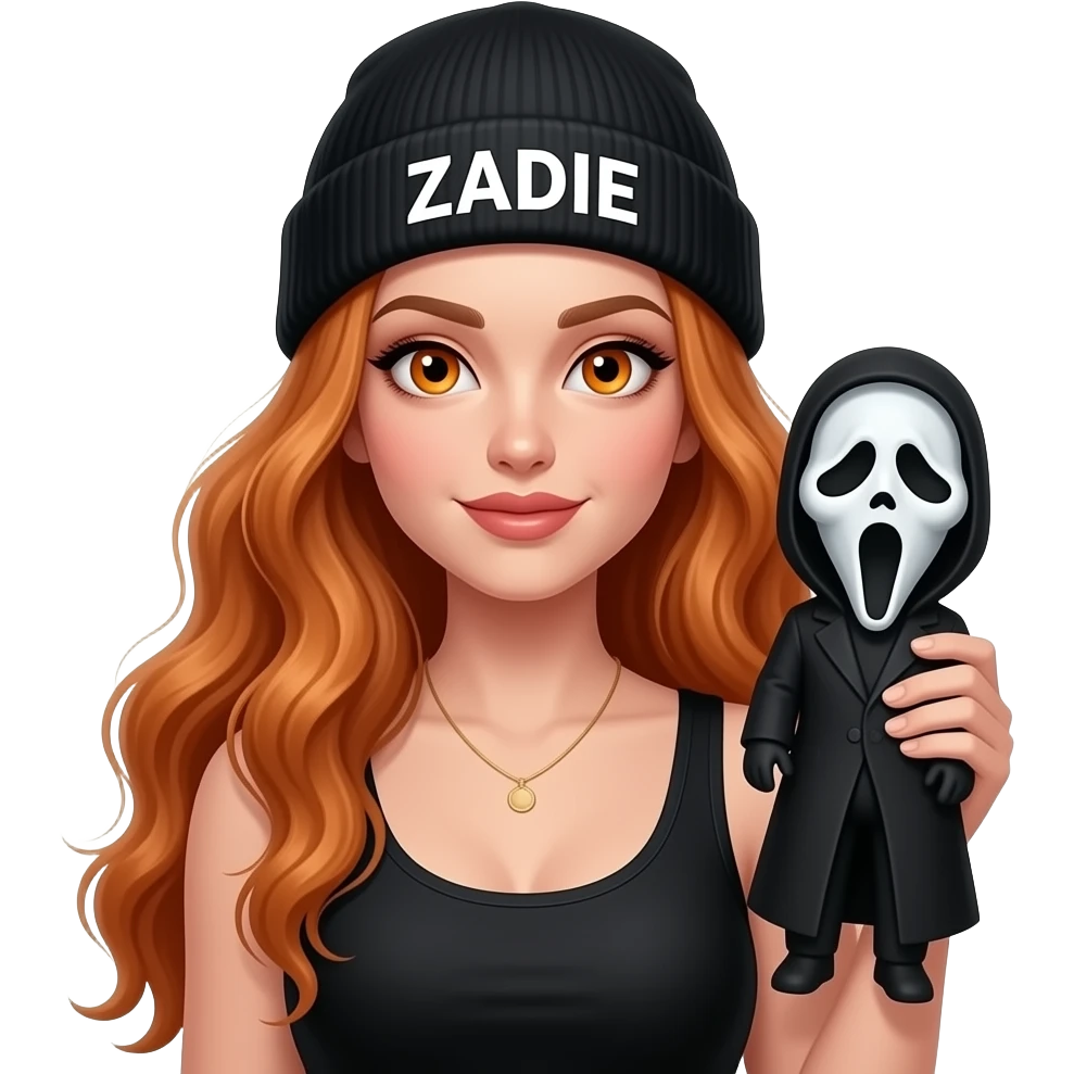 sexy girl with overlong wavy ginger hair and ginger eyes wearing a black tanktop and a black beanie with ZADIE written on it, is is holding a ghostface puppet emoji