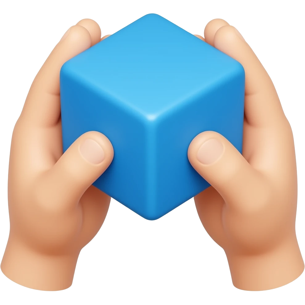 hands holding blue cube, white skin emoji