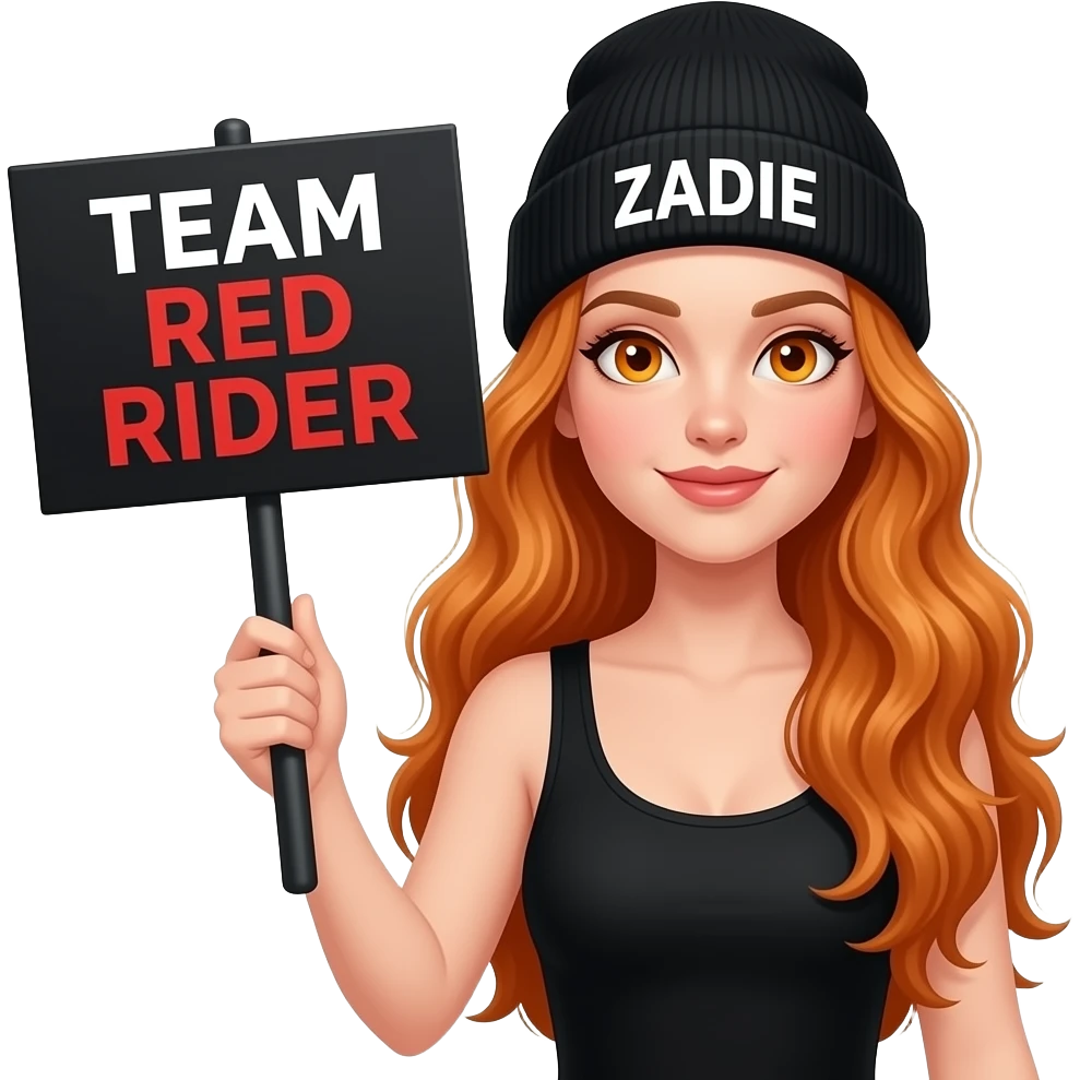 sexy girl with overlong wavy ginger hair and ginger eyes wearing a black tanktop and a black beanie with ZADIE written on is holding a black sign with just TEAM RED RIDER on it emoji