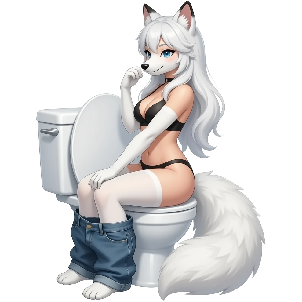Female white fox furry person woman sit on toilet pants off,side,fursona emoji