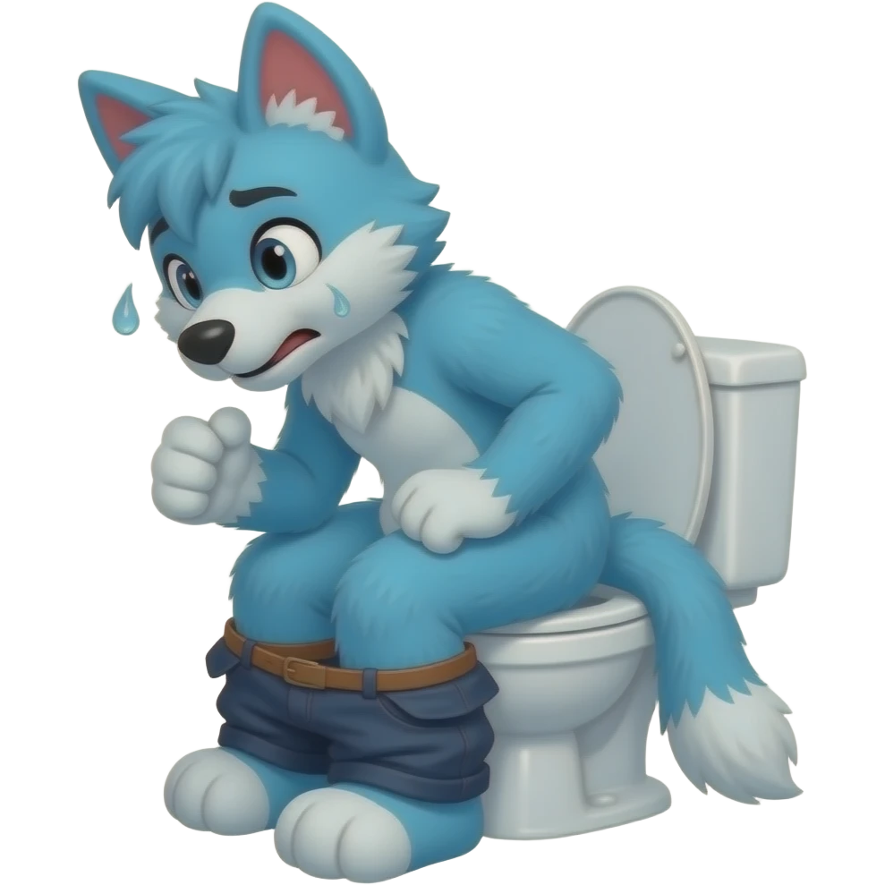 blue fursuit sitting on toilet, side view , pants down, pushing, straining face,  uncomfortable, constipation , sweating, red face emoji