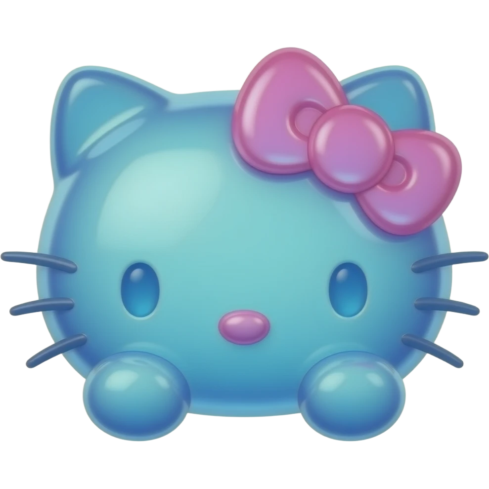 Glowing 3d blue and pink and clear colored glass hello Kitty head with front paws emoji
