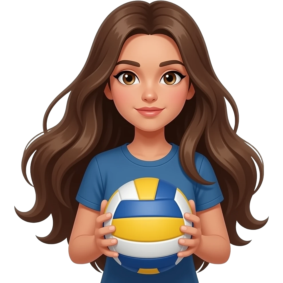 Long brown hair girl with light brown eyes and little bit tanned skin she has makeup with black eyeliner and her stare is magnethic eyes. She handle voleyball ball. Her hair is so long that the picture cannot see them all emoji