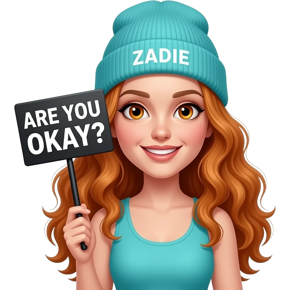 sexy girl with overlong wavy ginger hair and ginger eyes wearing a turquoise tanktop and a turquoise beanie with ZADIE written on it, is holding a black sign with ARE YOU OKAY? written on it emoji
