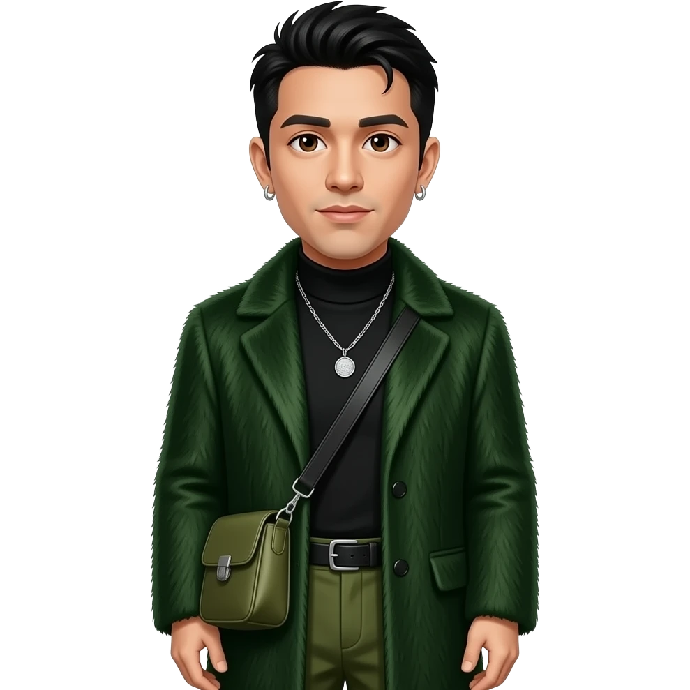 Mike Shinoda with dark brown eyes, black hair, black turtleneck shirt, dark green fur coat, olive metallic baggy pants, necklace and earrings emoji
