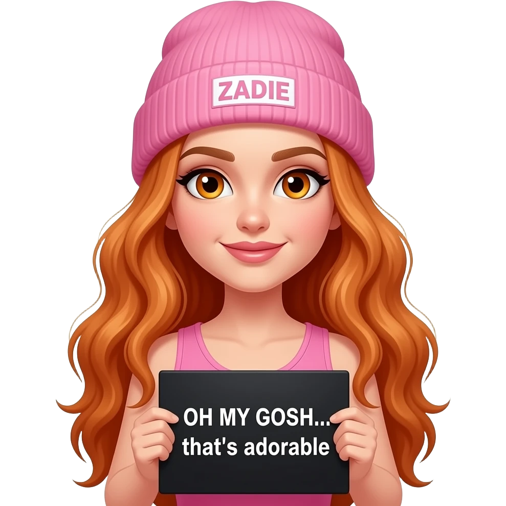 sexy girl with overlong wavy ginger hair and ginger eyes wearing a pink tanktop and a pink beanie with ZADIE written on it, is holding a black sign with OH MY GOSH... that's adorable written on it emoji