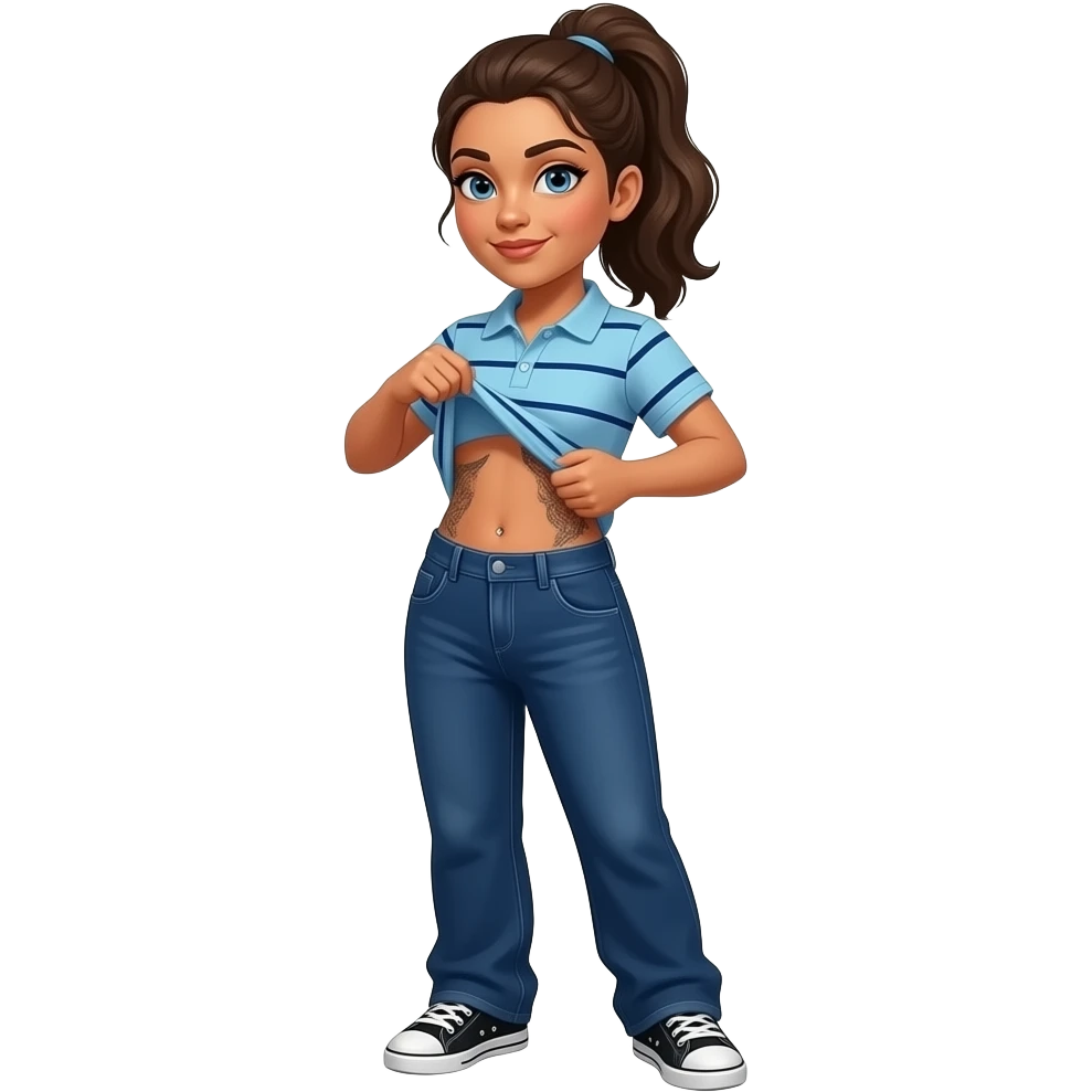 Hispanic woman with brown ponytail and blue eyes light blue dark blue lined polo and dark blue baggy jeans and belly button and black and white sneakers lifting her shirt belly tattoo emoji
