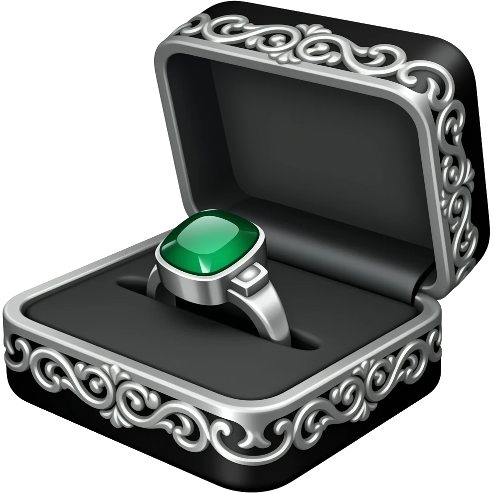 a woman's Emerald ring in a black box with silver ornate trim emoji