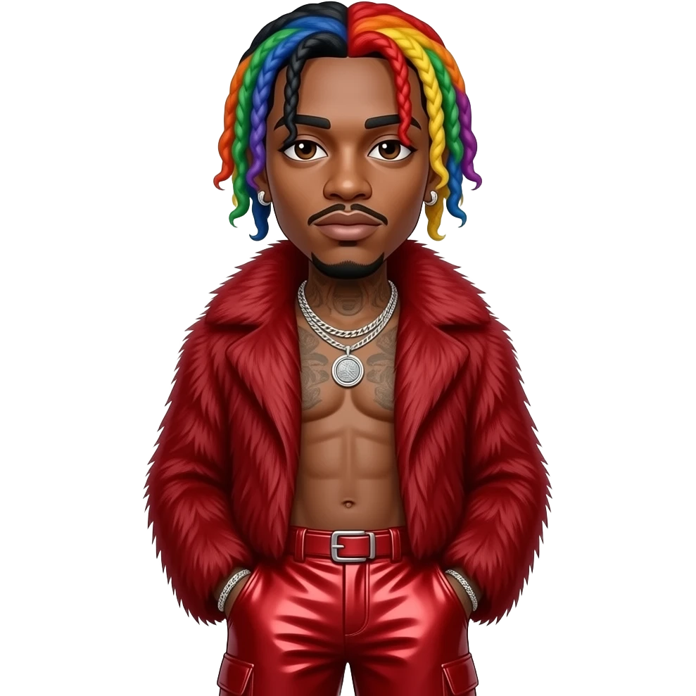 6ix9ine with brown eyes, long rainbow hair, crimson fur shawl, crimson metallic baggy pants, shirtless with necklace and earrings emoji