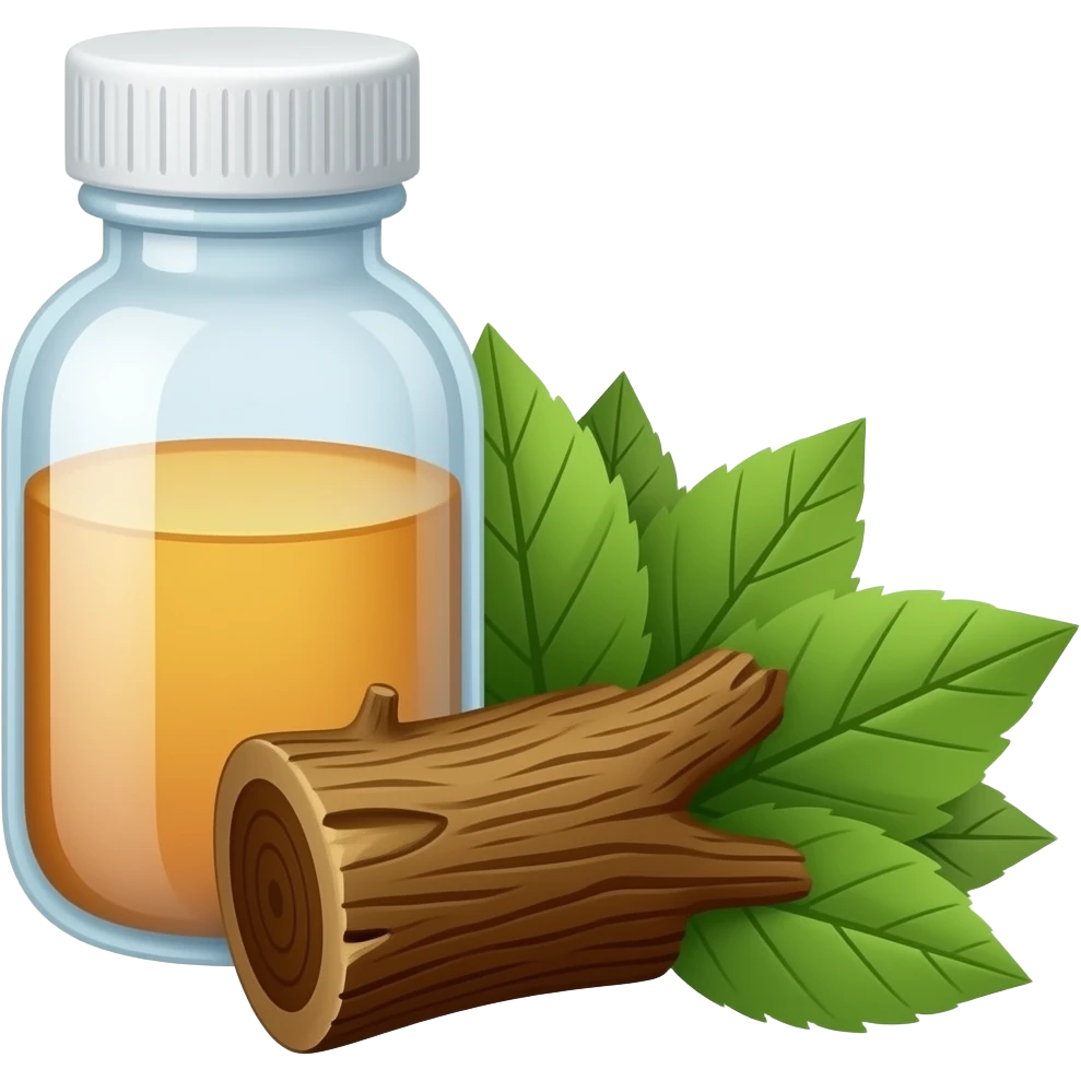 medicine bottle with tree bark and leaves nearby emoji