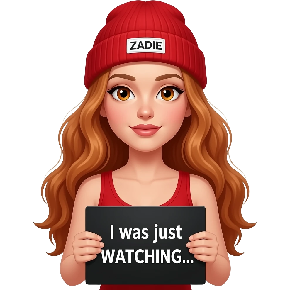 sexy girl with overlong wavy ginger hair and ginger eyes wearing a red tanktop and a red beanie with ZADIE written on it, is holding a black sign with I was just WATCHING... written on it emoji