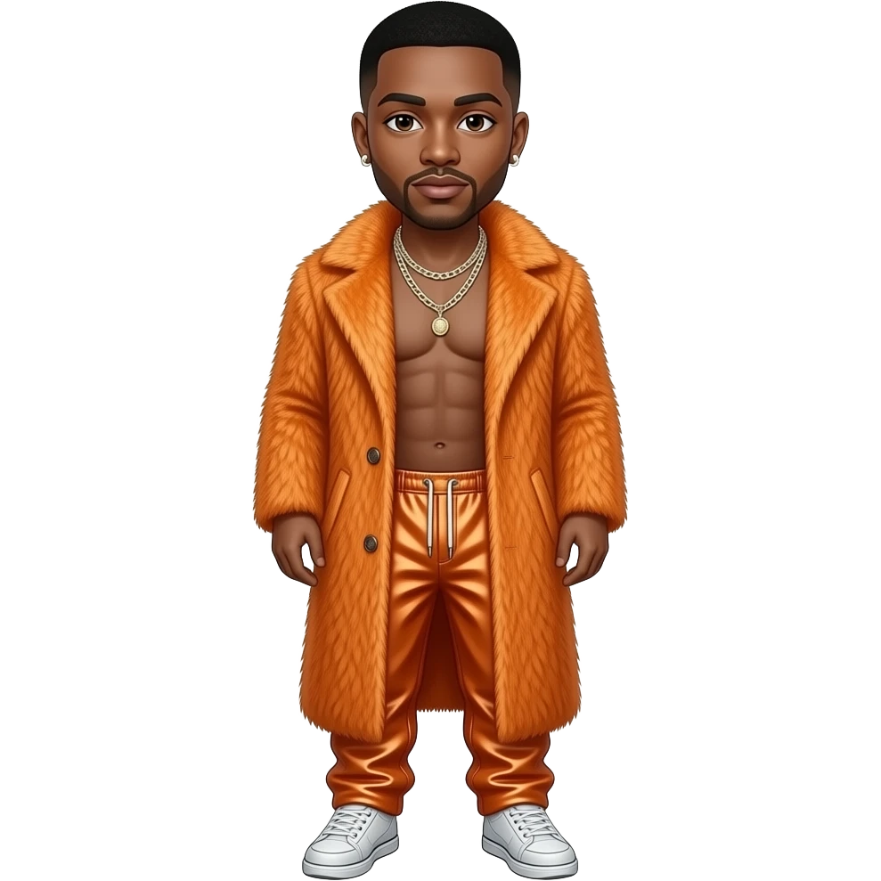 Trey Songz with dark brown eyes, black buzz cut hair, orange fur coat, orange metallic baggy pants, shirtless with necklace and earrings emoji