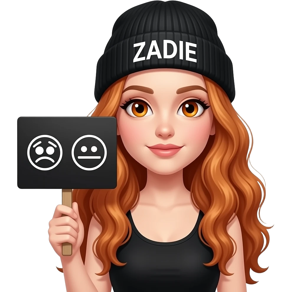 sexy girl with overlong wavy ginger hair and ginger eyes wearing a black tanktop and a black beanie with ZADIE written on it, is holding a black sign with 🙈🙉🙊 on it emoji