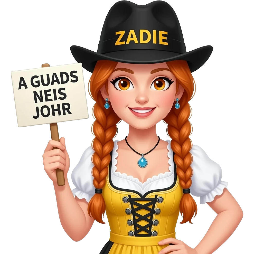 sexy girl with overlong ginger braids and ginger eyes wearing a yellow dirndl and a black bavarian hat with ZADIE written on it, is holding a sign with A GUADS NEIS JOHR written on it emoji