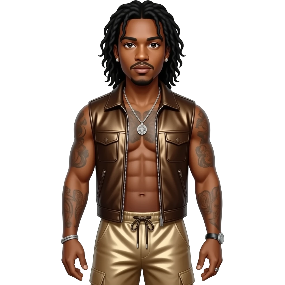 Omarion from behind with long black hair, brown metallic vest, tan metallic saggy joggers, shirtless with necklace and earrings emoji