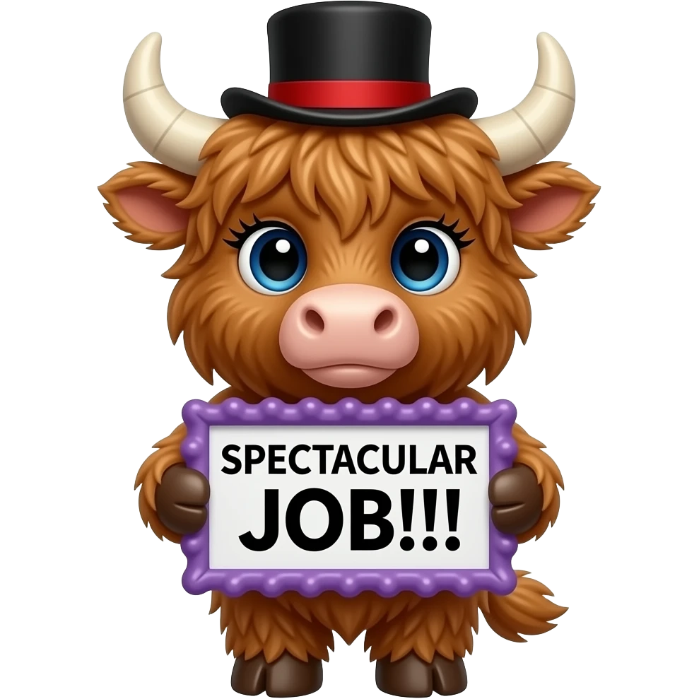 Create a super cute stuffed Animals which Looks Like a highland cows facing front with big eyes and long eyelashes  with a black top hat with red ribbon holding a purple, ondulated frame sign with in front of its chest that says in a big black font "SPECTACULAR JOB!!!" emoji