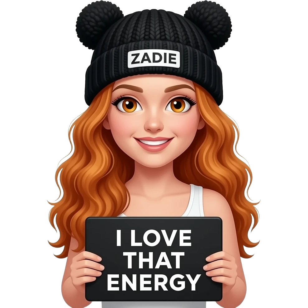 sexy girl with overlong wavy ginger hair and ginger eyes wearing a white tanktop and a black pom hat with ears with ZADIE written on it is holding a black sign with I LOVE THAT ENERGY on it emoji