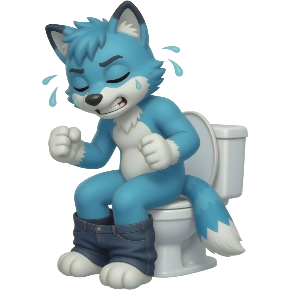 blue fursuit sitting on toilet, side view , pants down, pushing, eyes closed, straining face, pushing, sweating, , both fists, teeth emoji