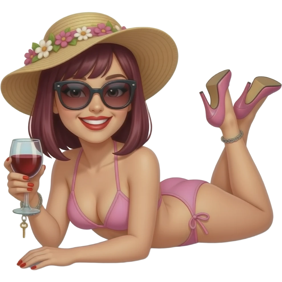 Woman. Burgundy, straight shoulder-length hair, lying down, sunbathing. baby pink strappy bikini. very high fetish stiletto heels. bright red lipstick. bright red nail polish. smiling. Ankle chain with small key dangling off. glass of red wine in one hand. flowery sun hat. large sunglasses. emoji