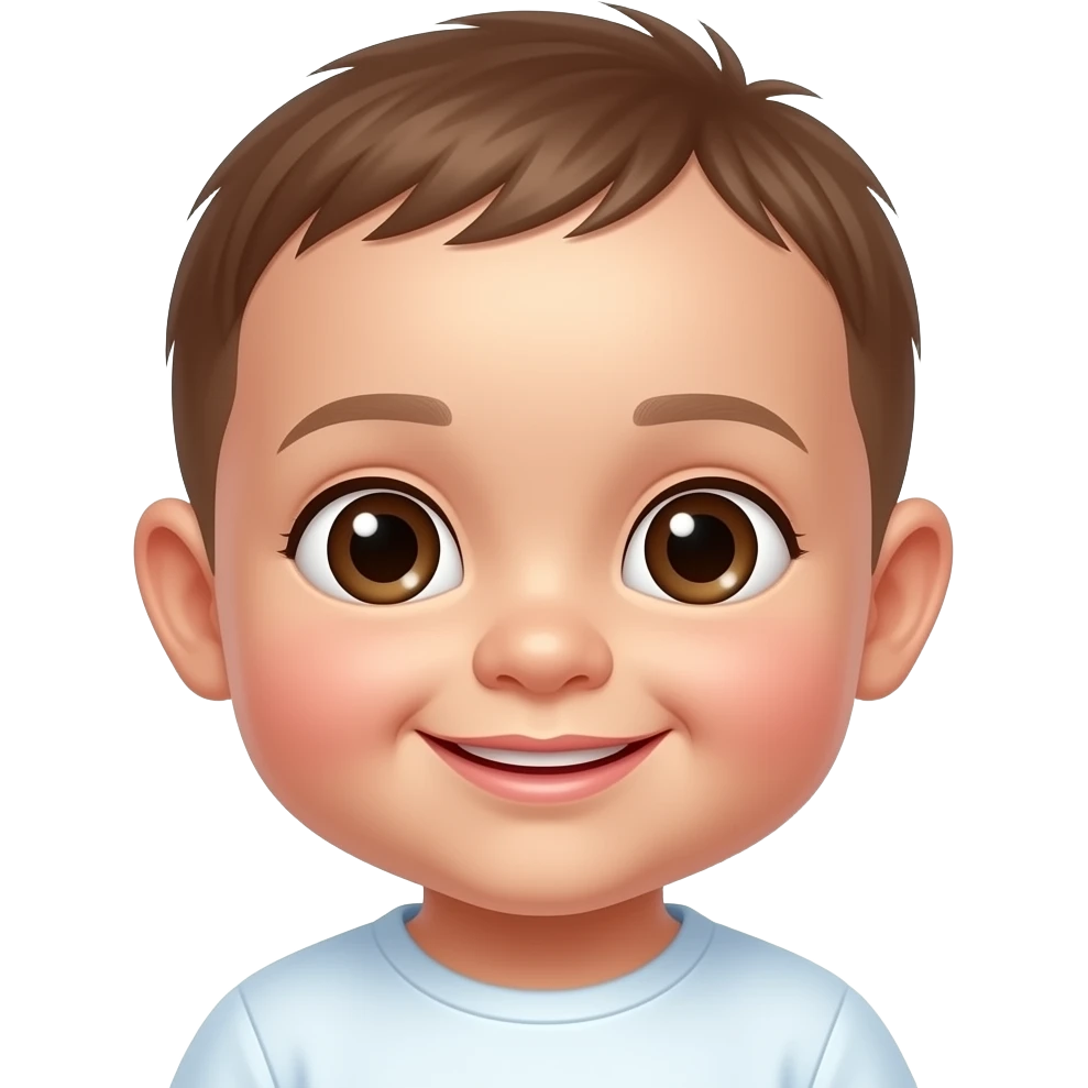 Минималистичный милый эмодзи малыша 1-3 лет в стиле эмодзи Apple, плавные градиенты, мягкая глянцевая текстура, округлое лицо, выразительные глаза, лёгкая улыбка, чистый 3D-рендер, по центру, высокое качество, прозрачный фон emoji