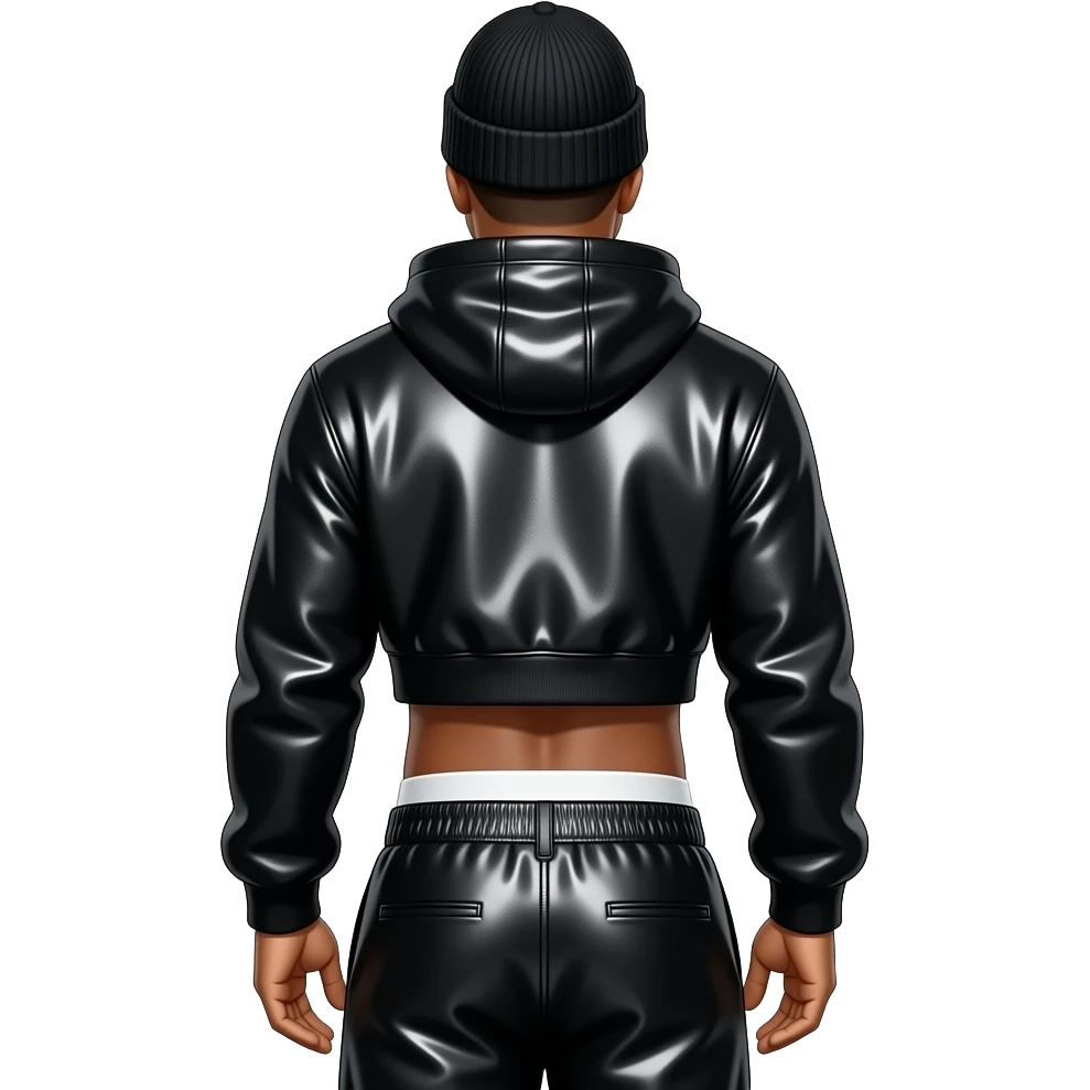 LL Cool J from behind with black metallic beanie, black metallic sweatshirt crop top, black metallic saggy pants with white undies emoji