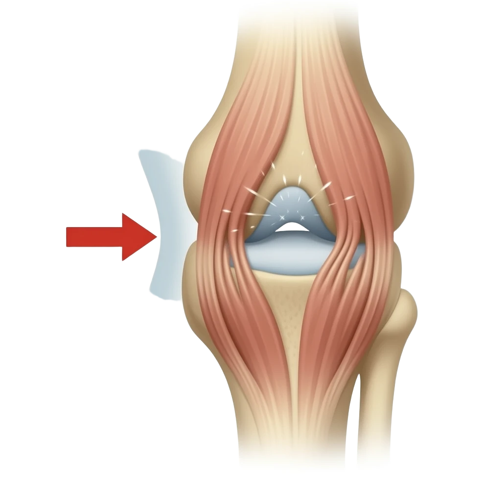 side view bent knee, ligaments and kneecap visible,  R arrow + L arrow showing range of motion with sparks that show pain inside the joint, emoji
