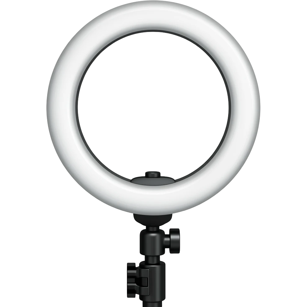 Crée 1 emoji iOS 18 représentant un univers cosy et esthétique de créatrice. Éléments : une ring light avec son pied noir et des details pour faire tenir la ring light. La vue est prise en 3 quartsl'ensemble est isolée sur un fond blanc. emoji