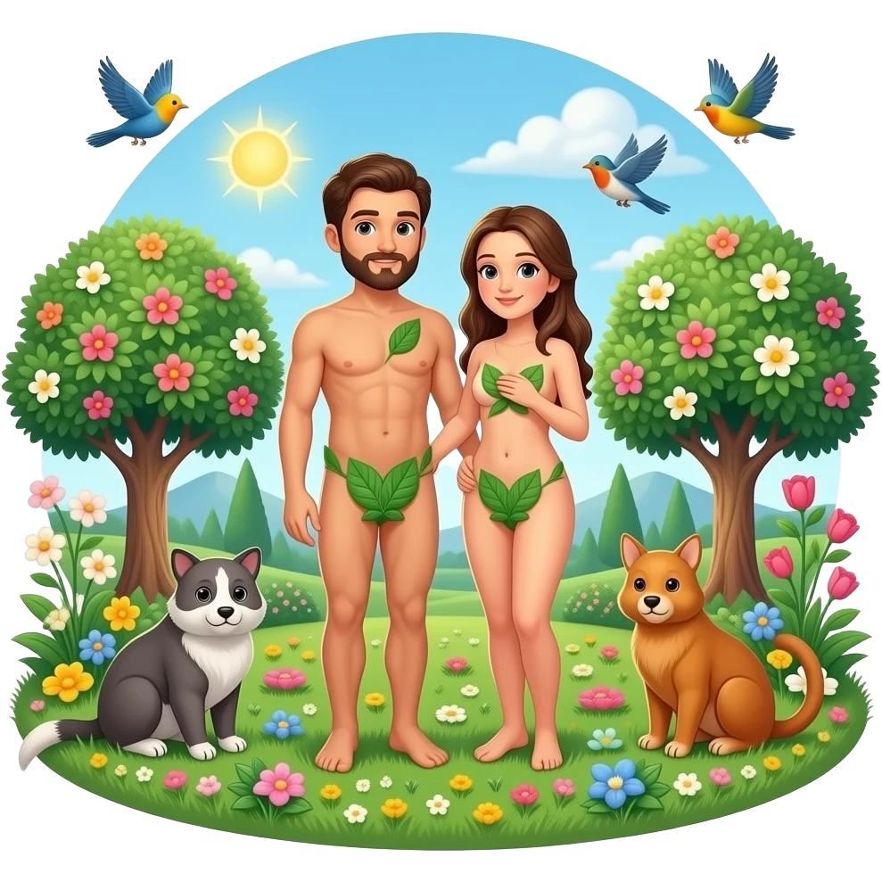Адам и Ева в райском саду Эдема, без одежды, интимные части тела прикрыты зелёными листьями, вокруг цветущие деревья, райские птицы и животные, светлая и мирная атмосфера, мягкое небесное сияние, классический библейский стиль emoji
