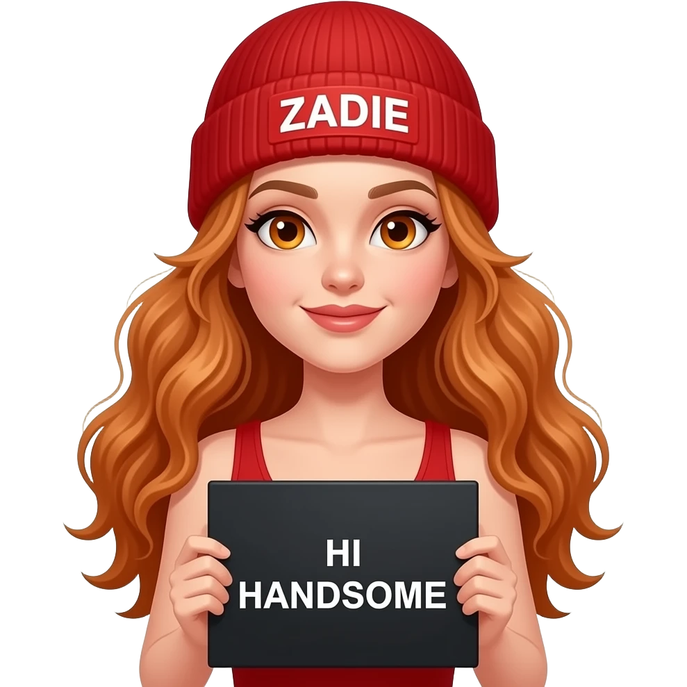 sexy girl with overlong wavy ginger hair and ginger eyes wearing a red tanktop and a red beanie with ZADIE written on it, is holding a black sign with HI HANDSOME written on it emoji