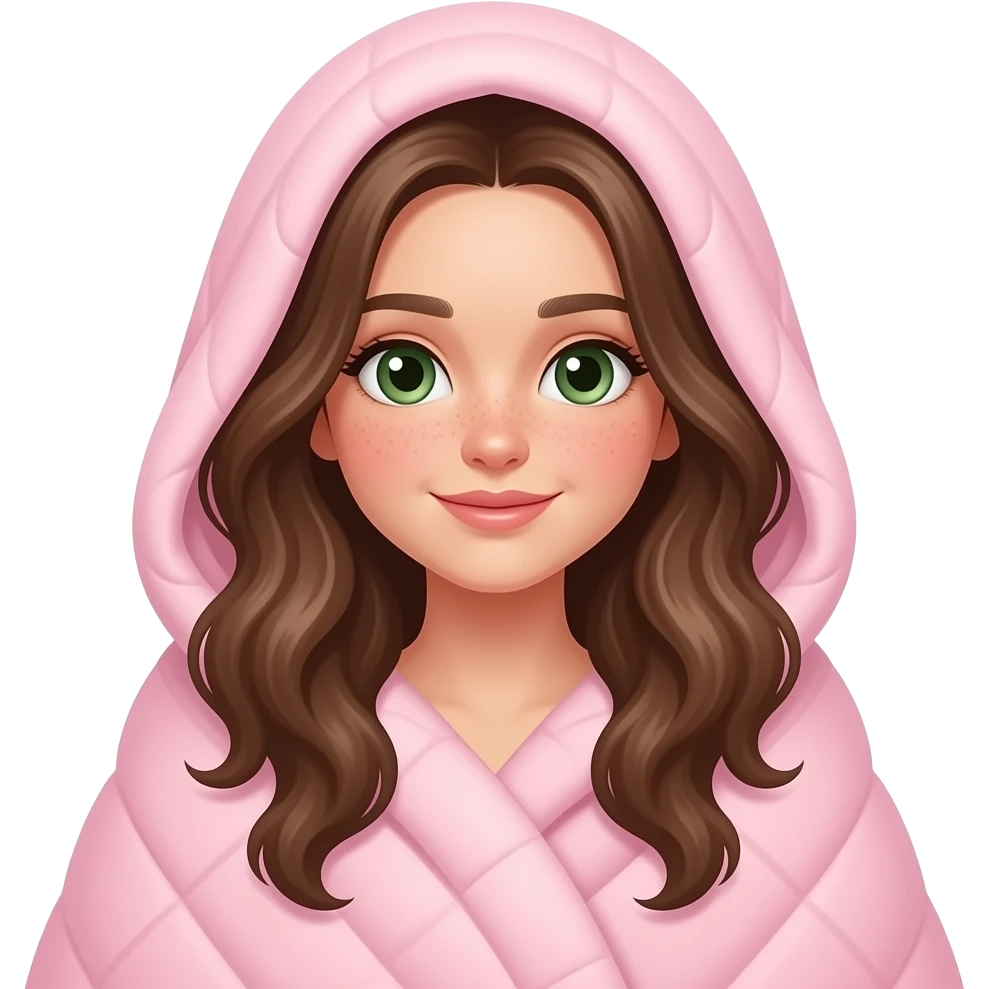 Brown wavy long hair green eyes cute face with freckles pretty girl covered with pastel pink blanket on head all body under blanket all girl visible emoji