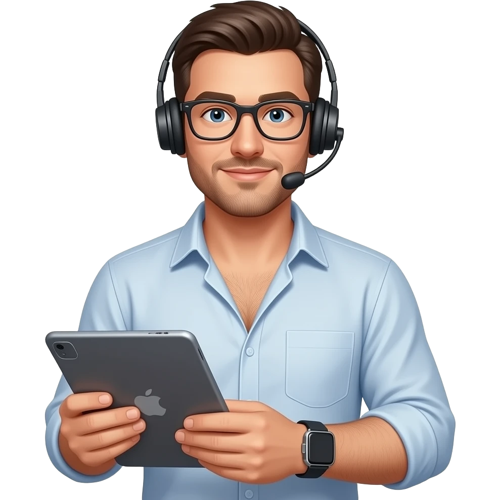Portrait von einem typischen männlichen Büromann, mit weit geöffneten Hemd und behaarter Brust. Er hat ein headset um den Kopf und eine Brille auf und ein Tablett in der Hand und eine Apple Watch um sein Gelenk emoji