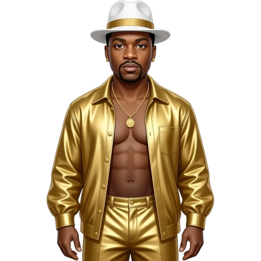 The Notorious B.I.G. with dark brown eyes, black buzz cut hair, white hat, gold metallic blouse, gold metallic baggy loose pants, shirtless with necklace and earrings emoji