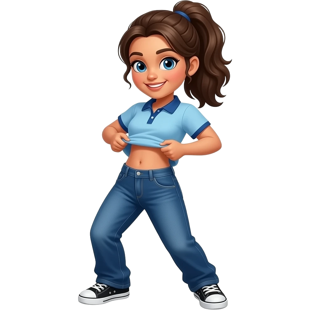 Hispanic girl with brown ponytail and blue eyes light blue dark blue lined polo and dark blue baggy jeans and belly button and black and white sneakers lifting her shirt funny belly trick emoji