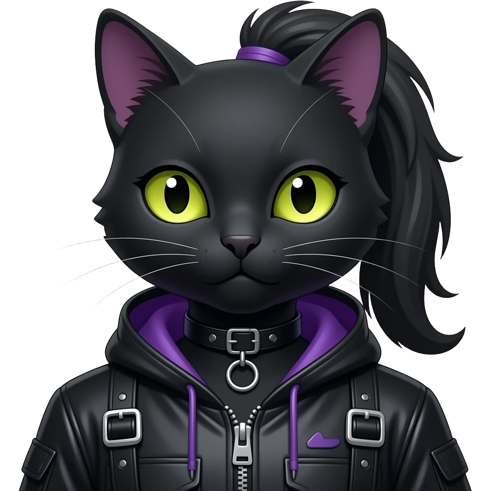 Gorgeous furry gothic dark techwear anime style anthro black cat furry sona Fakemon with blushing face yellow-green eyes with ponytail, aesthetic and pretty edgy black with violet collar and harness trending style emoji