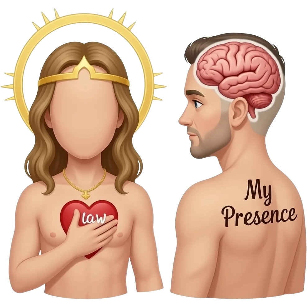 God (NOT JESUS, A DEITY LIKE BEING WITH NO FACIAL FEATURES)  using a quill and writing on the open heart of a man the word "law" Next to him, there is a similar scene with God writing onto a man;s brain "My Presence" emoji