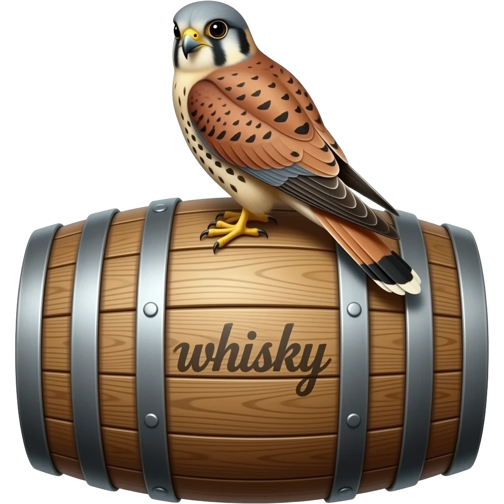 kestrel sitting on whisky barrel. the barrel is clearly stenciled "whisky" in such a way that it looks like it was spray painted on through a cutout stencil emoji