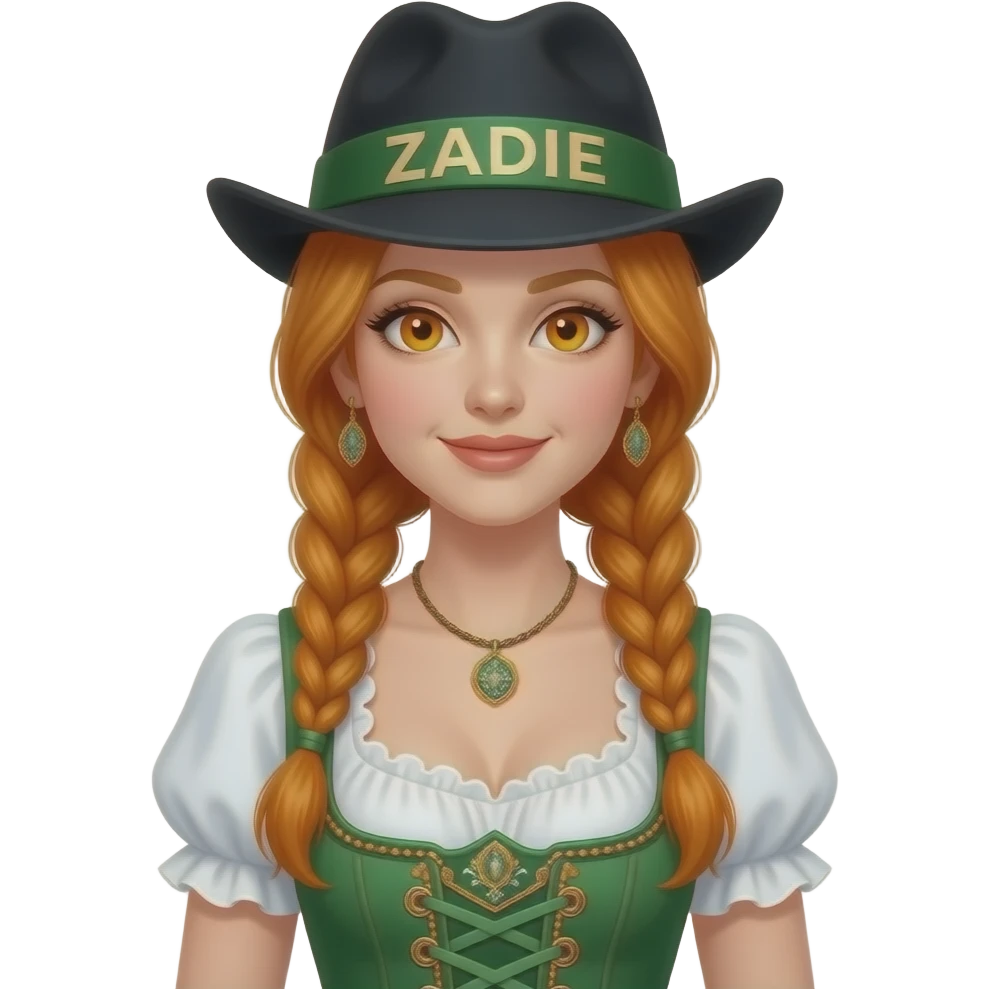 sexy girl with overlong ginger braids and ginger eyes is wearing a green dirndl and a black bavarian hat with ZADIE written on it emoji