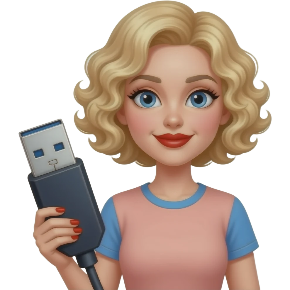 Short blonde curly spiral hair with red lipstick, holding a massive USB with red fingernails, peach and blue short sleeve shirt emoji