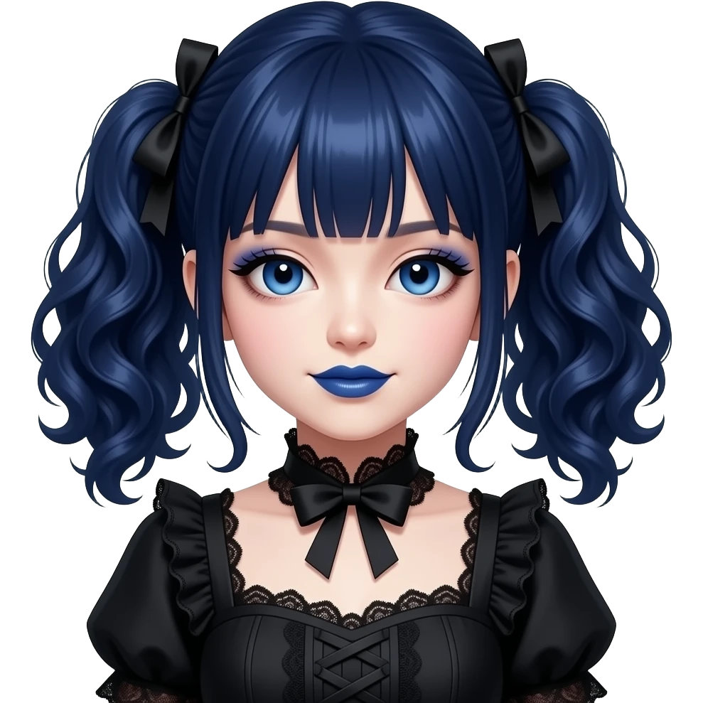 Japanese pale woman with dark blue curly pigtails and bangs, royal blue lips and eyeshadow, long eyelashes, blue eyes, black Lolita dress with laces and ribbons, gothic Lolita doll look emoji