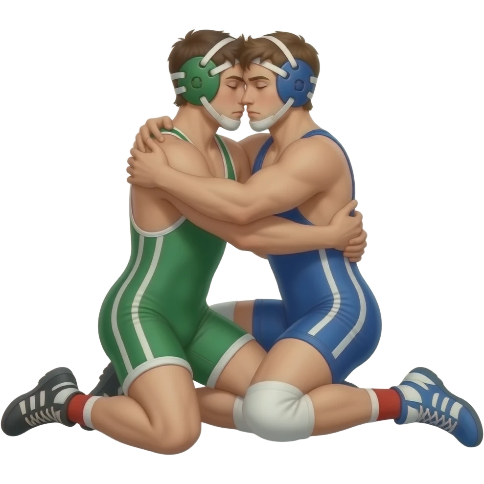 Erstelle ein Bild von zwei Wrestler in kurzen, knappen und engen Wrestler-suits, die beiden haben unterschiedlich Farben an (Grün und blau) und sie ringen liegend eng umschlungen miteinander auf dem Boden emoji