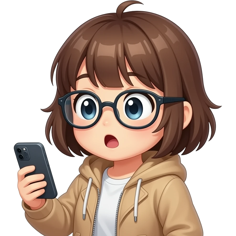 An anthropomorphic peanut, wearing glasses, anime style girl hairstyle and clothes, holding a phone and looking at it in shock emoji