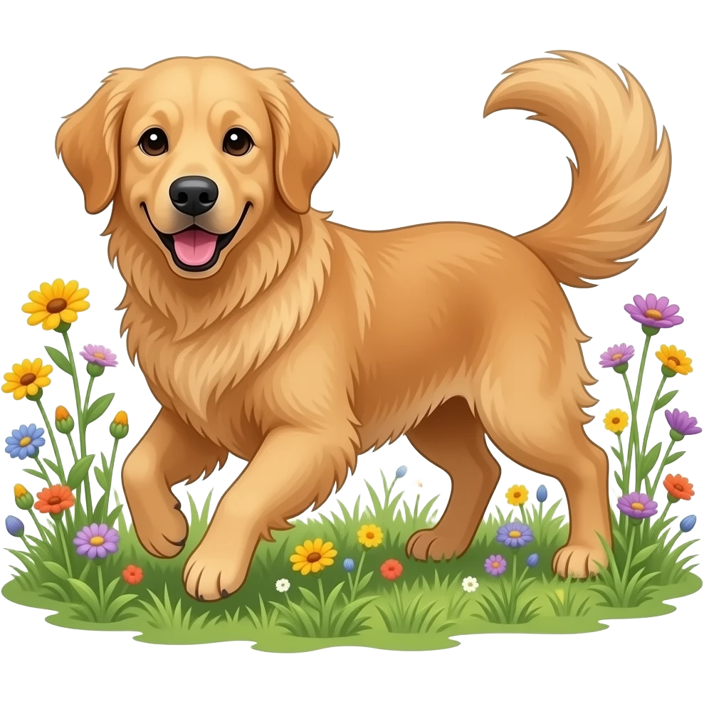 The golden plays among the tall wild flowers. emoji