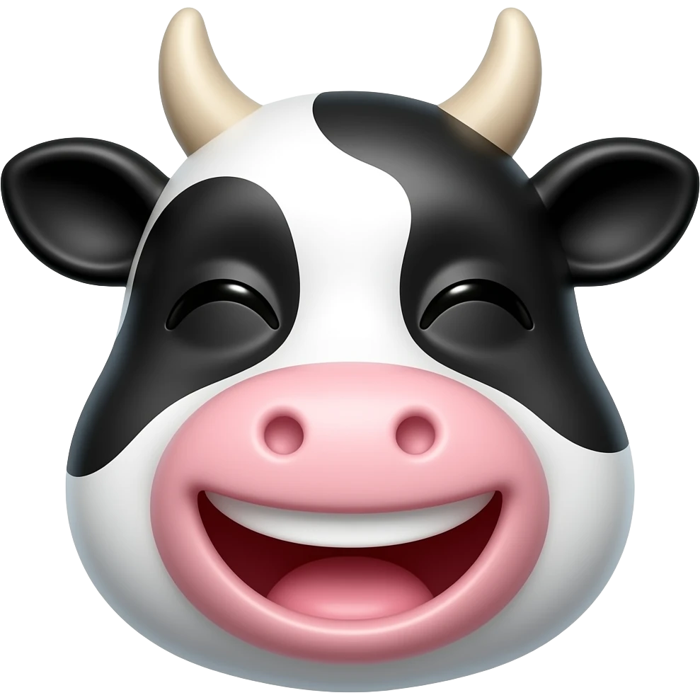Laughing cow emoji, closed happy eyes, big smile, rounded face, black and white spots, glossy 3D cartoon emoji, premium sticker style emoji